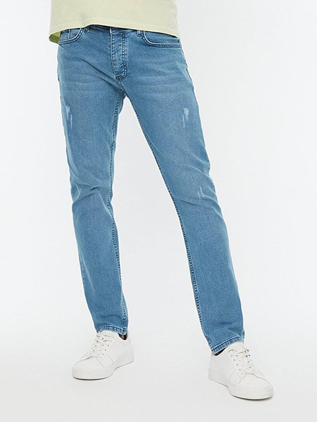 trendyol men blue slim fit low distress light fade stretchable jeans