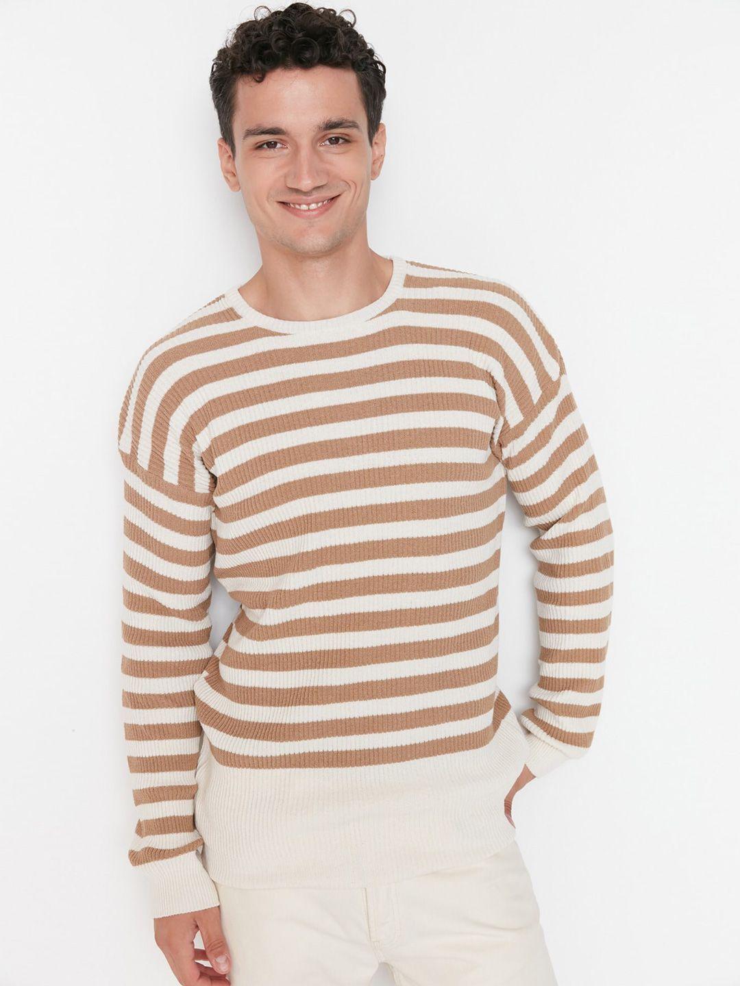 trendyol men brown & white striped pullover