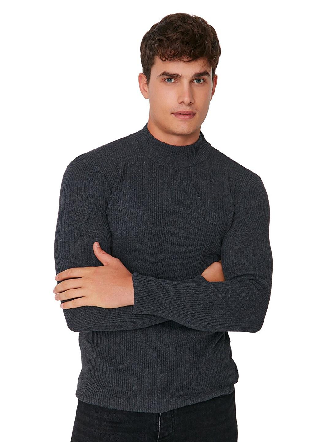 trendyol men charcoal ribbed pullover sweater