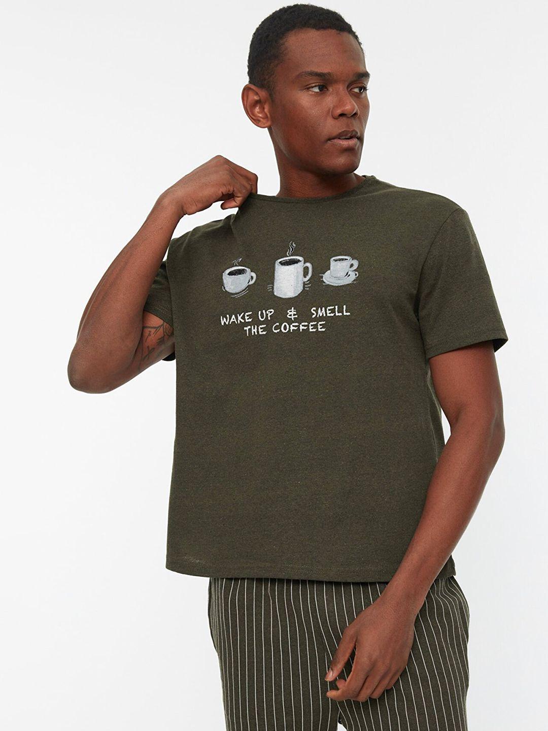 trendyol men khaki & grey pure cotton typography print pyjama set