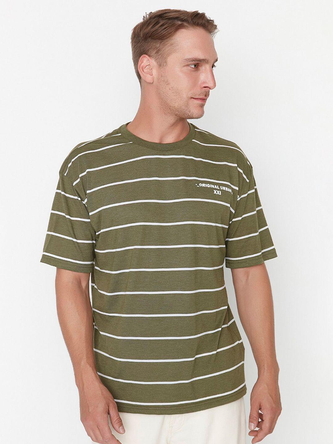 trendyol men khaki striped cotton t-shirt