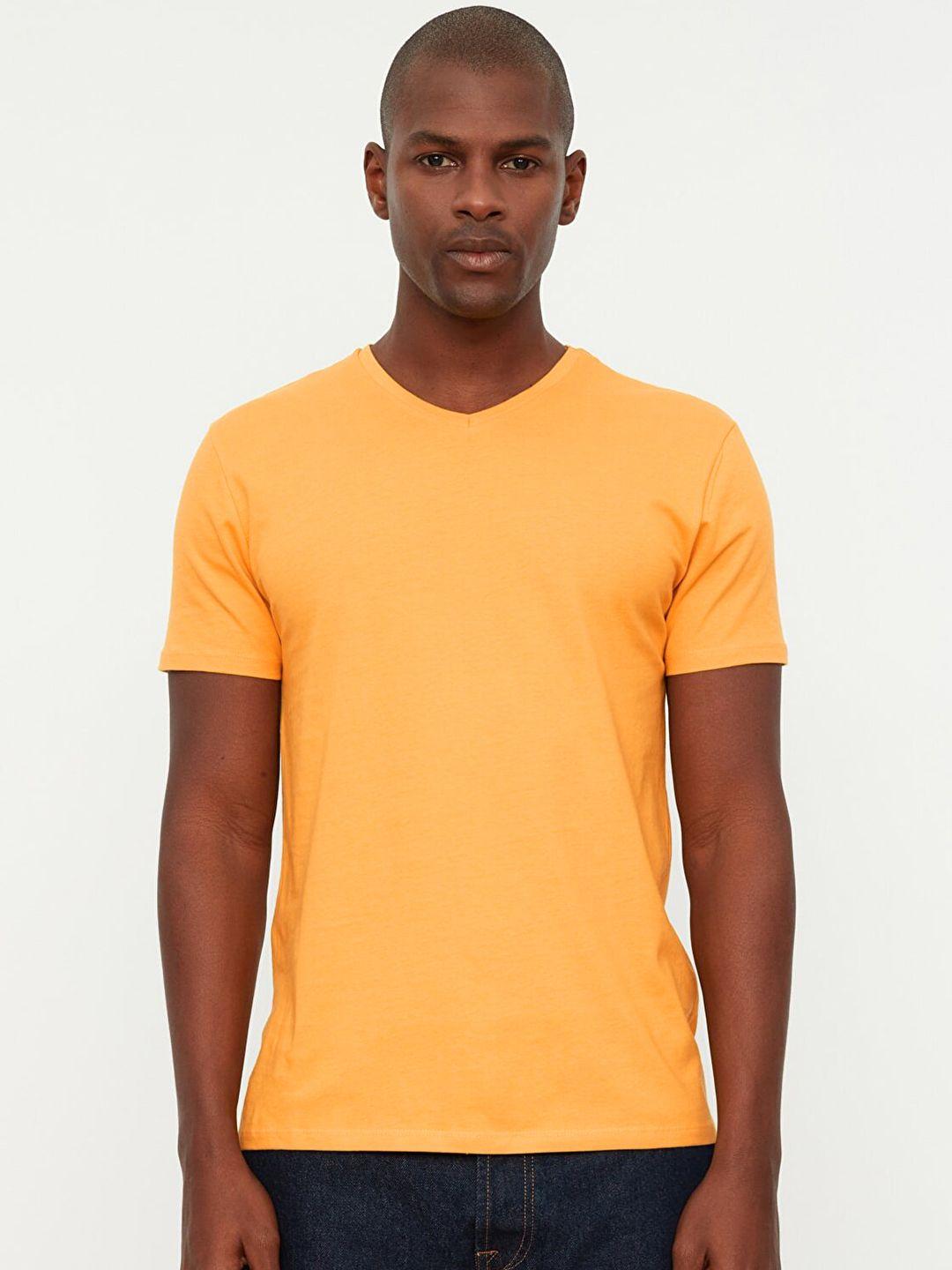 trendyol men mustard yellow solid v-neck t-shirt