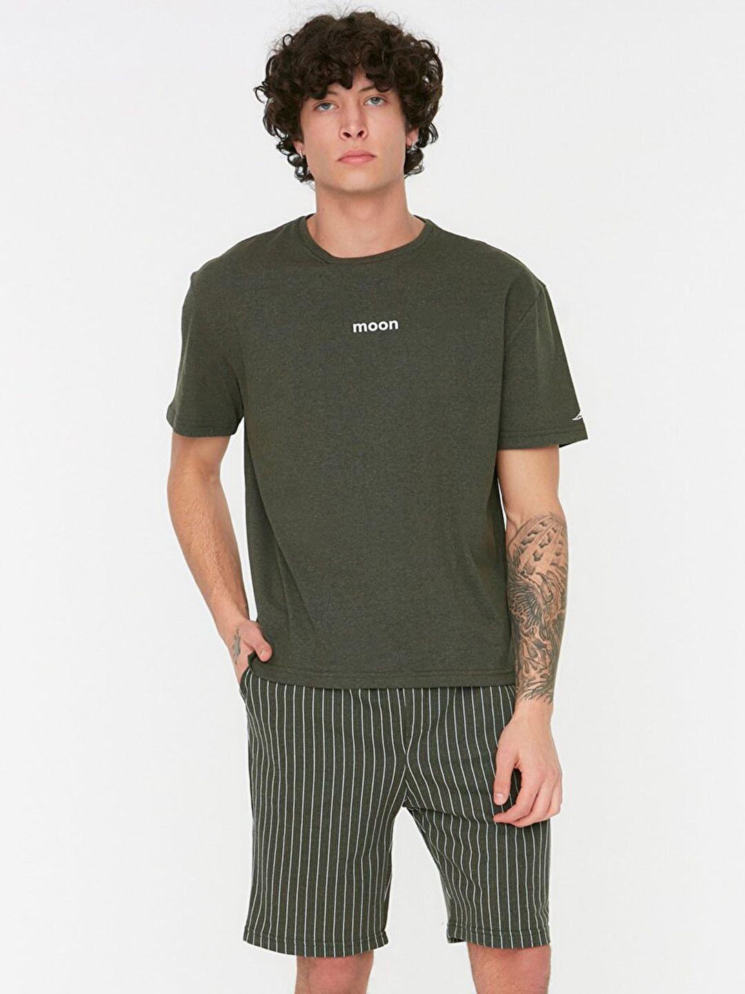 trendyol men olive green pure cotton solid shorts set