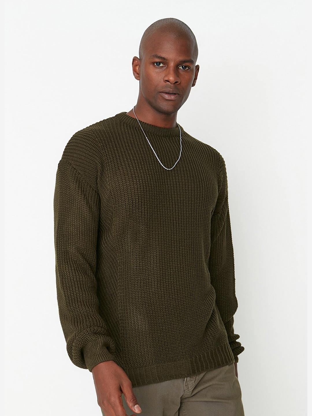 trendyol men olive green ribbed acrylic pullover sweater