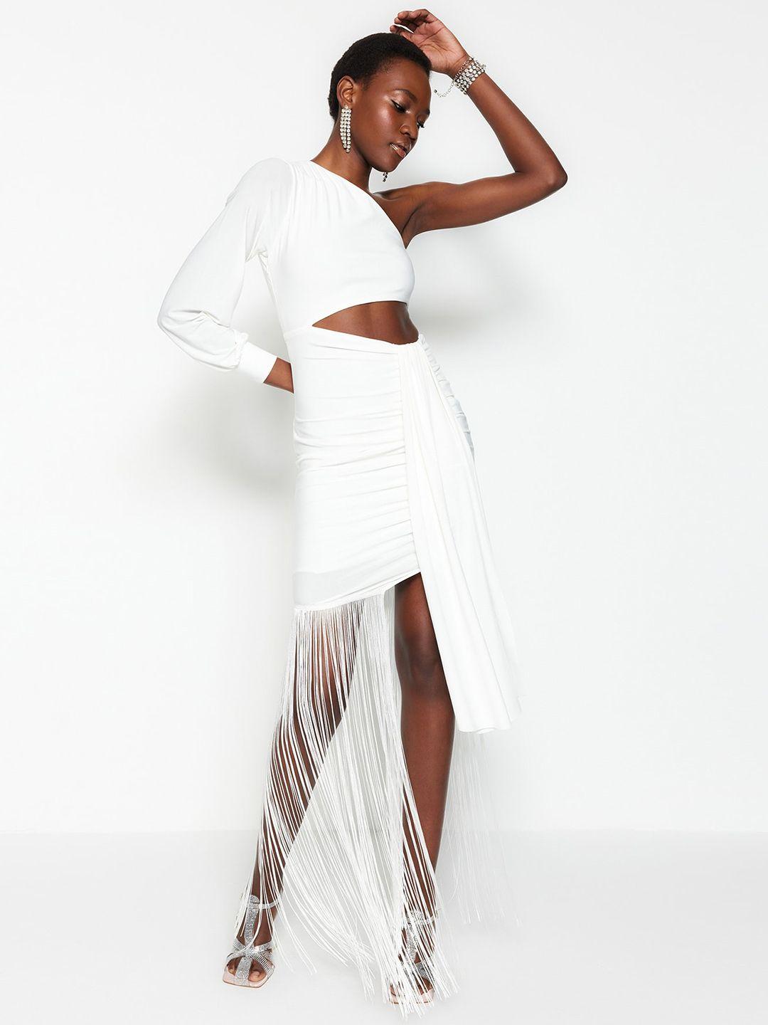 trendyol one shoulder cut-out fringed bodycon dress