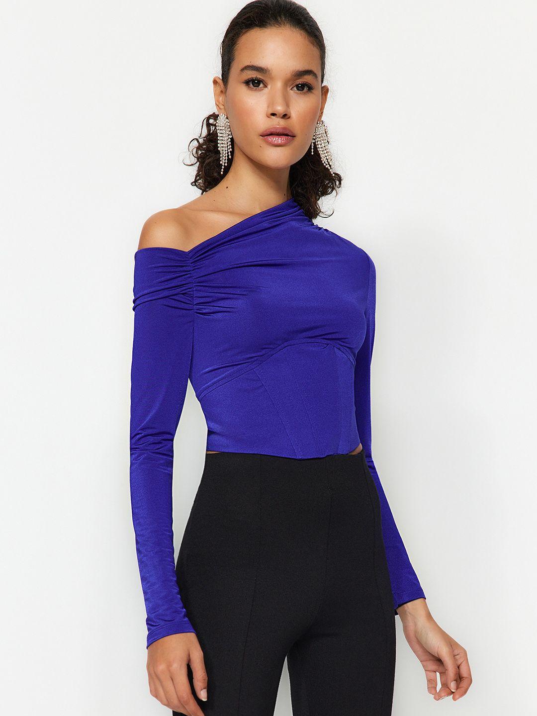 trendyol one shoulder gathered detailed net fitted crop top
