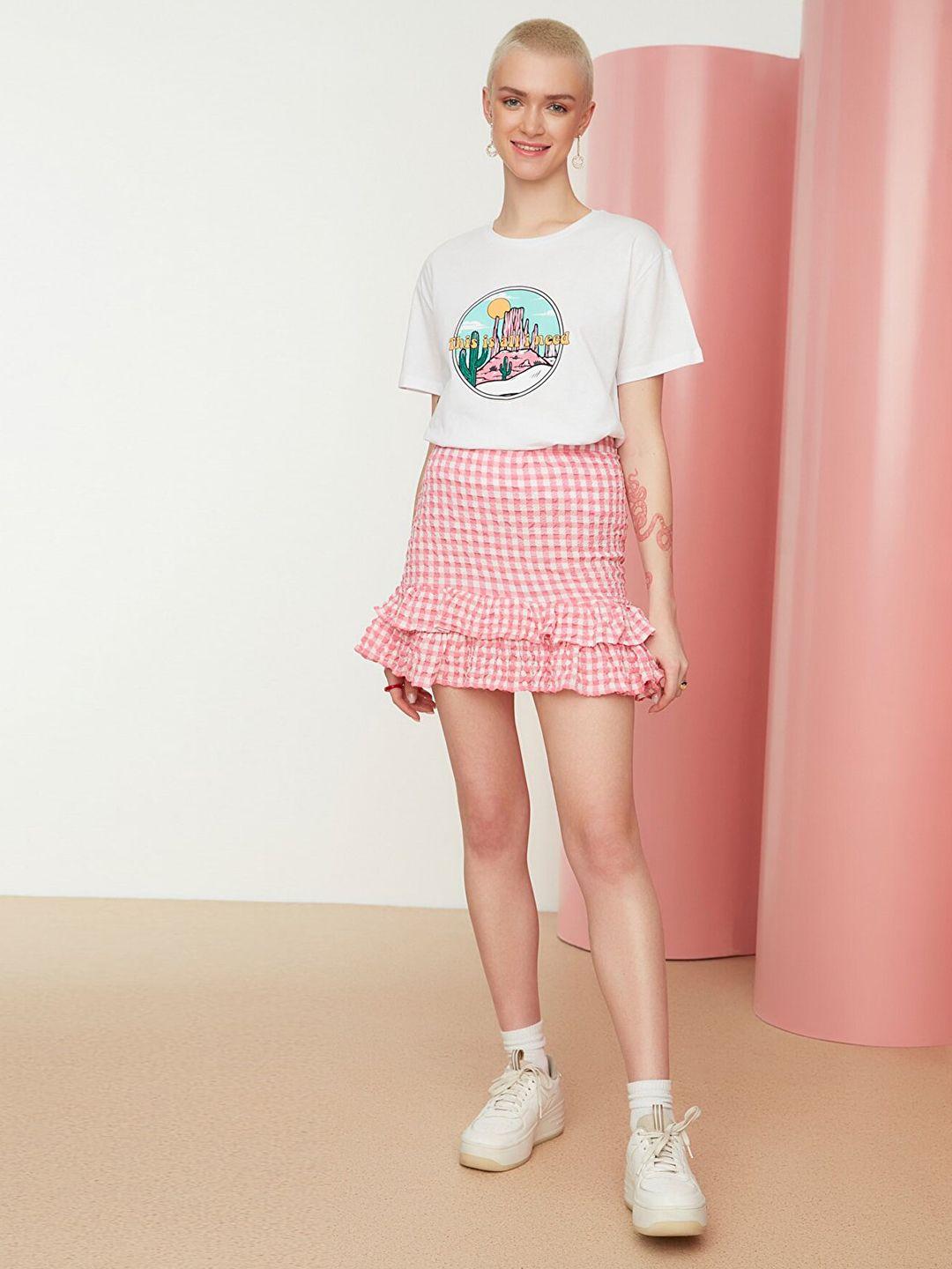 trendyol pink & white gingham checked casual straight mini skirt