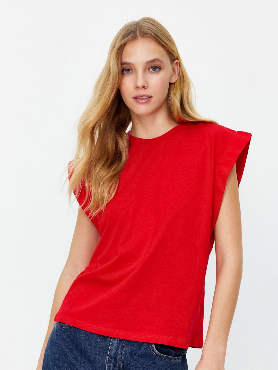 trendyol round neck extended sleeves pure cotton t-shirt