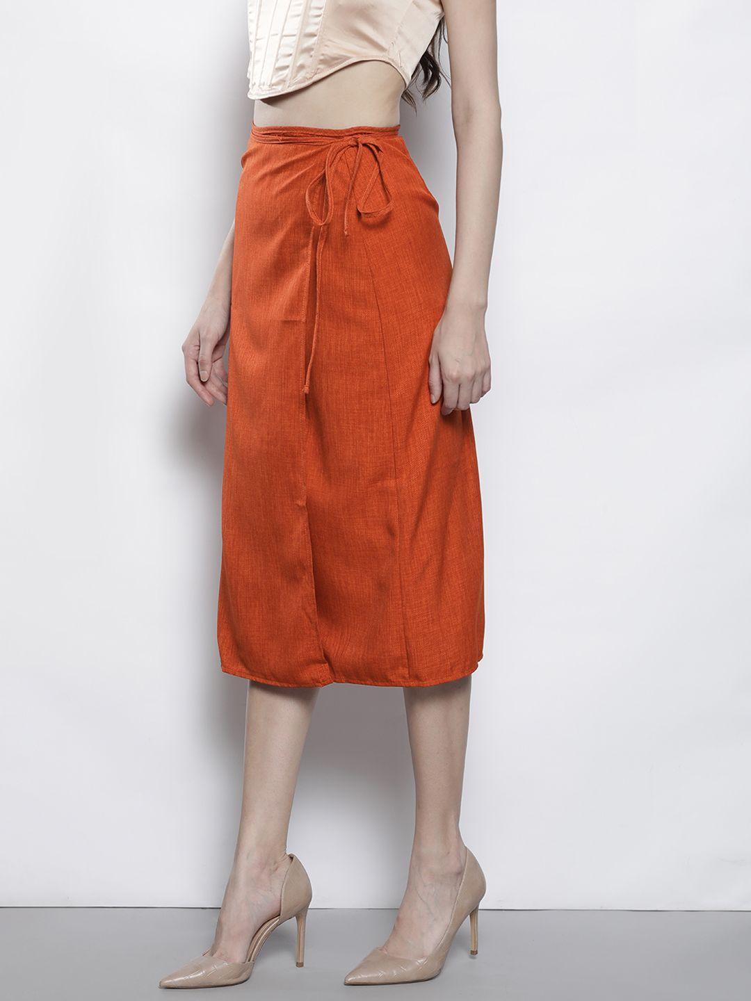 trendyol rust orange solid casual wrap midi skirt