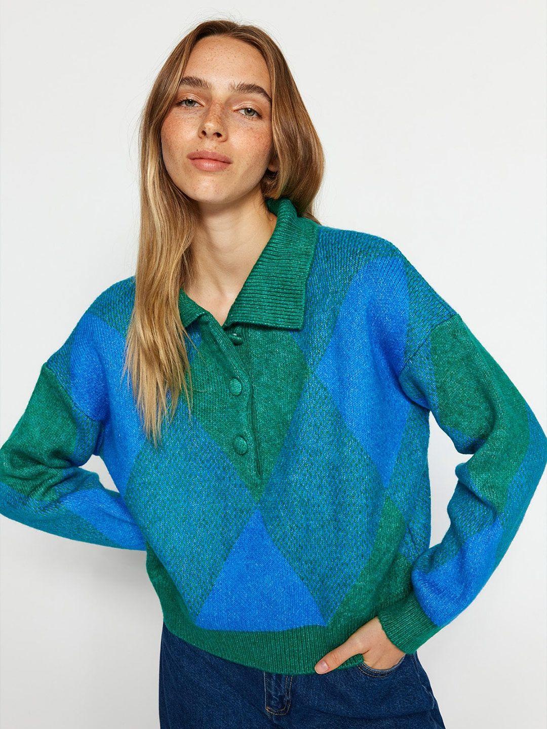 trendyol spread collar colourblocked pullover sweater