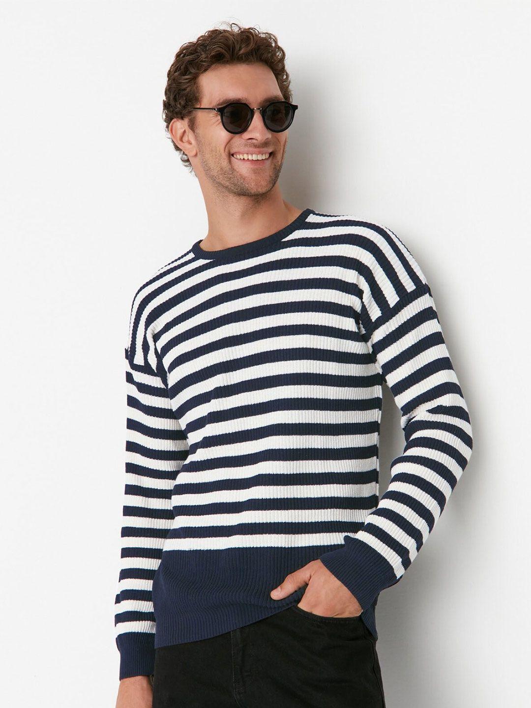 trendyol striped ribbed cotton pullover sweater