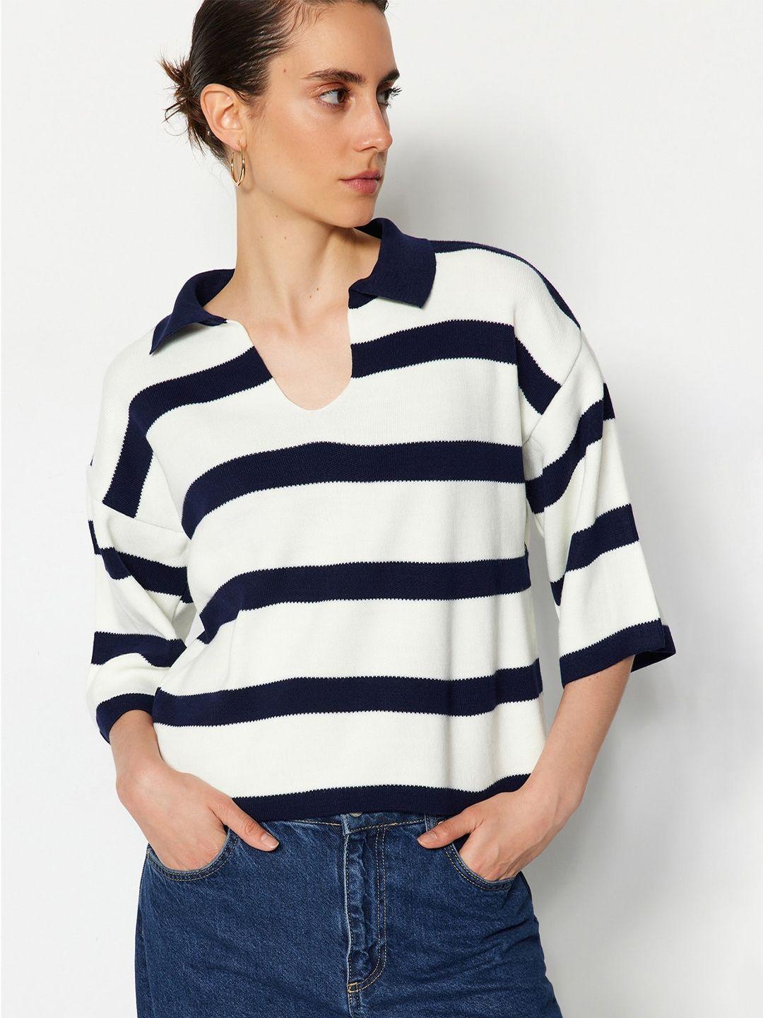 trendyol striped shirt collar acrylic pullover sweaters