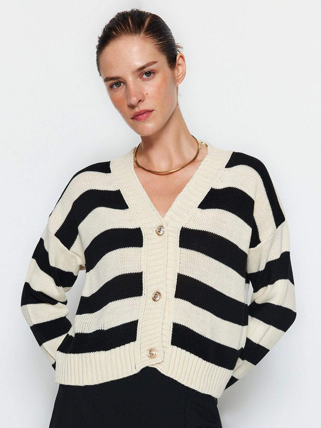 trendyol striped v-neck acrylic cardigan sweater