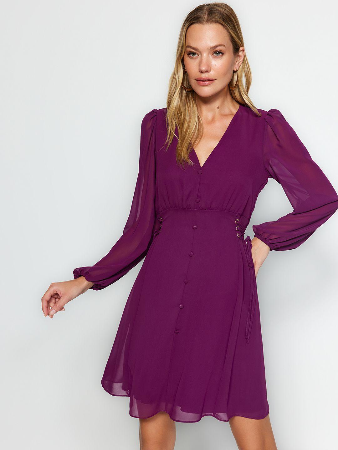 trendyol v-neck cuffed sleeves tie-ups fit & flare dress