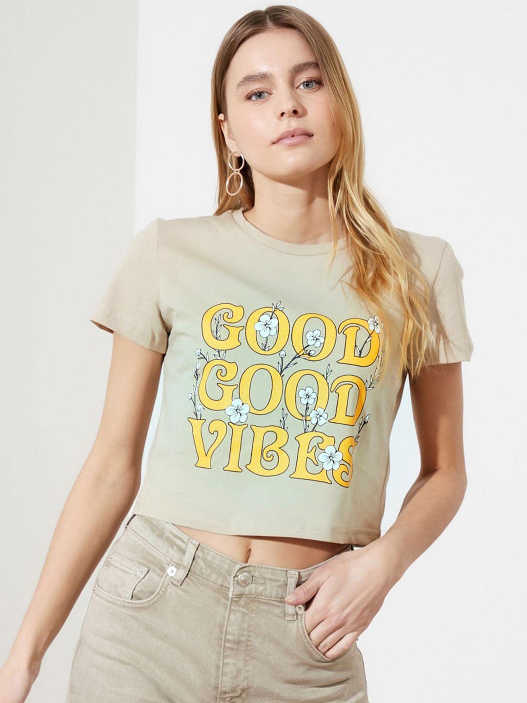 trendyol women beige  yellow typography printed round neck crop cotton t-shirt
