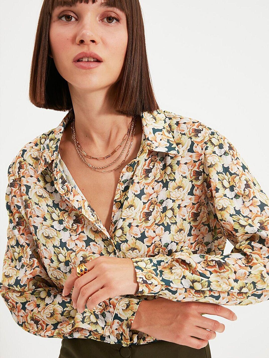 trendyol women beige floral printed casual shirt
