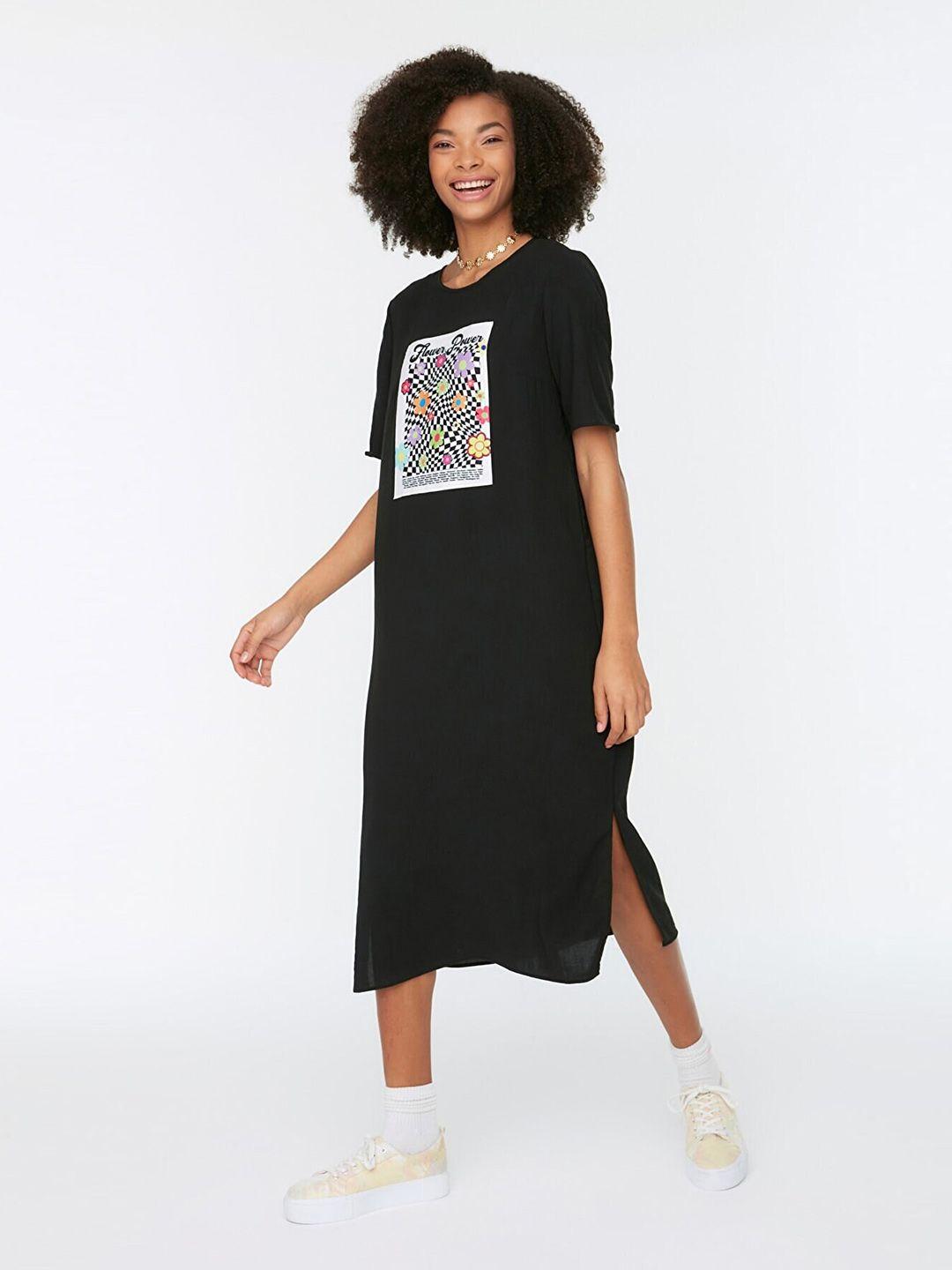 trendyol women black graphic printed t-shirt midi dress