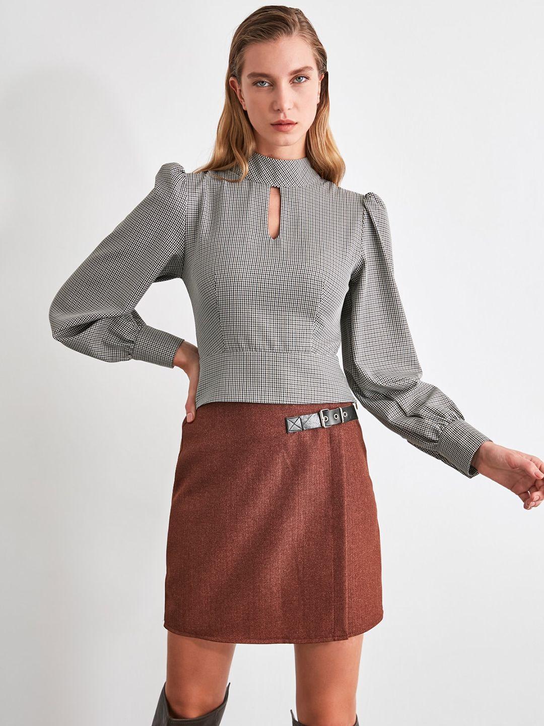 trendyol women brown self design straight wrap skirt
