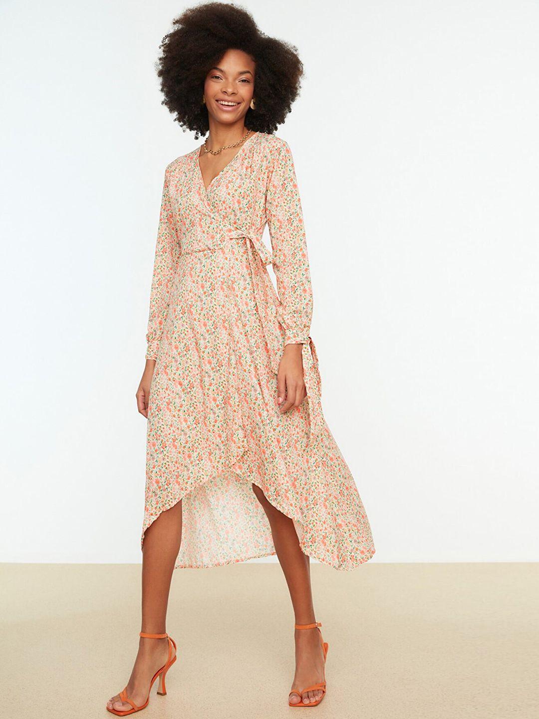 trendyol women cream-coloured & coral floral printed a-line midi dress