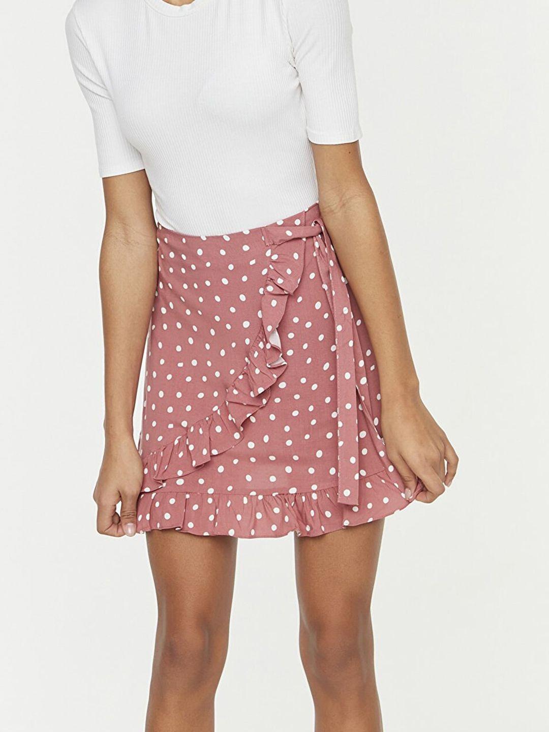 trendyol women dusty pink & white polka dots print a-line belted mini skirt