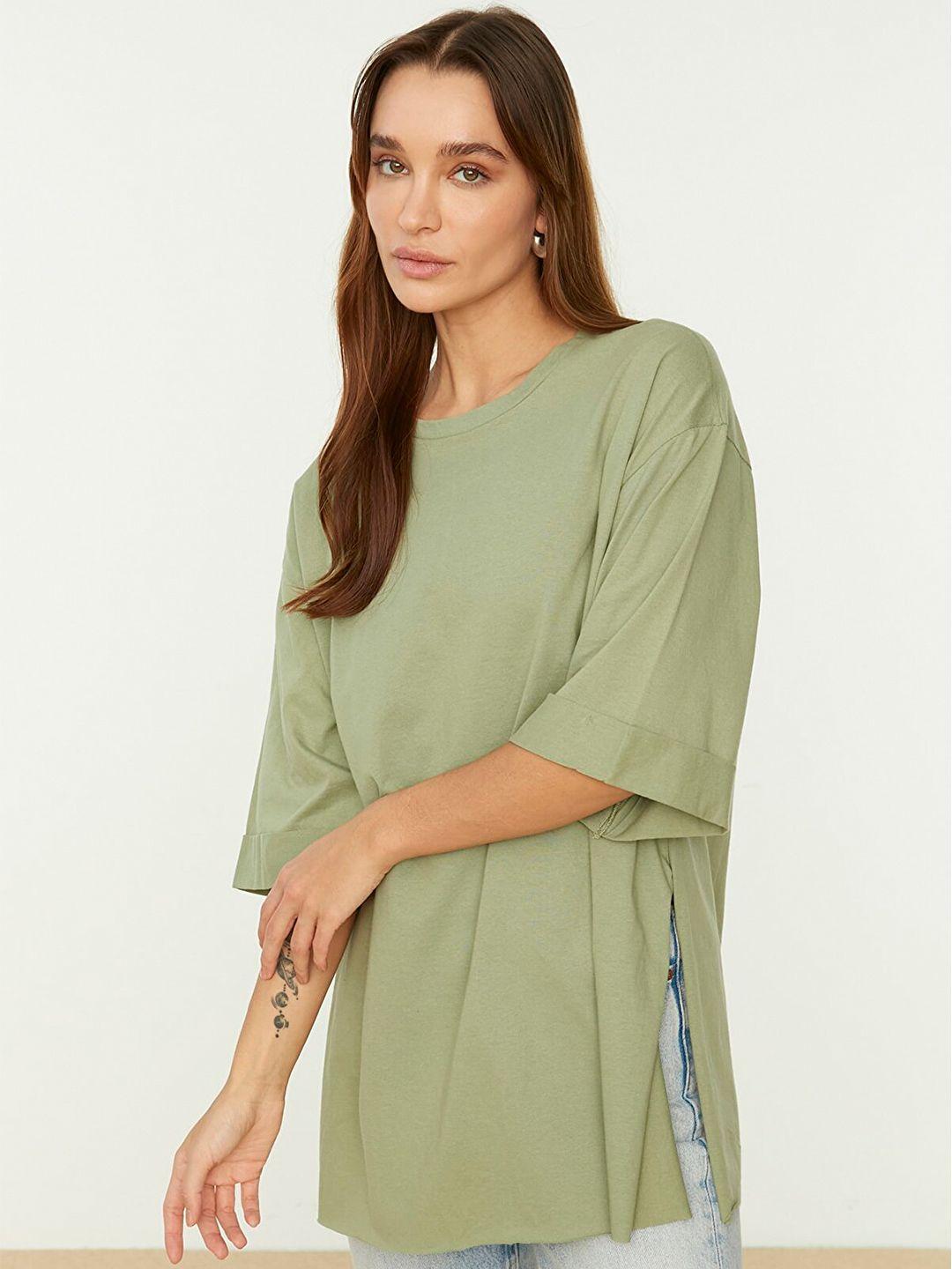 trendyol women green drop-shoulder sleeves t-shirt