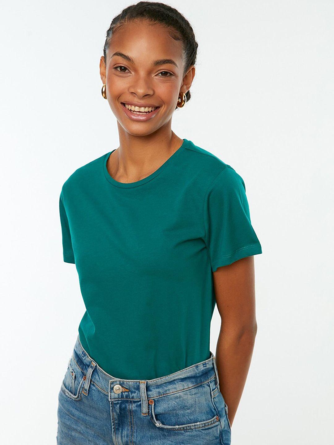 trendyol women green solid pure cotton t-shirt