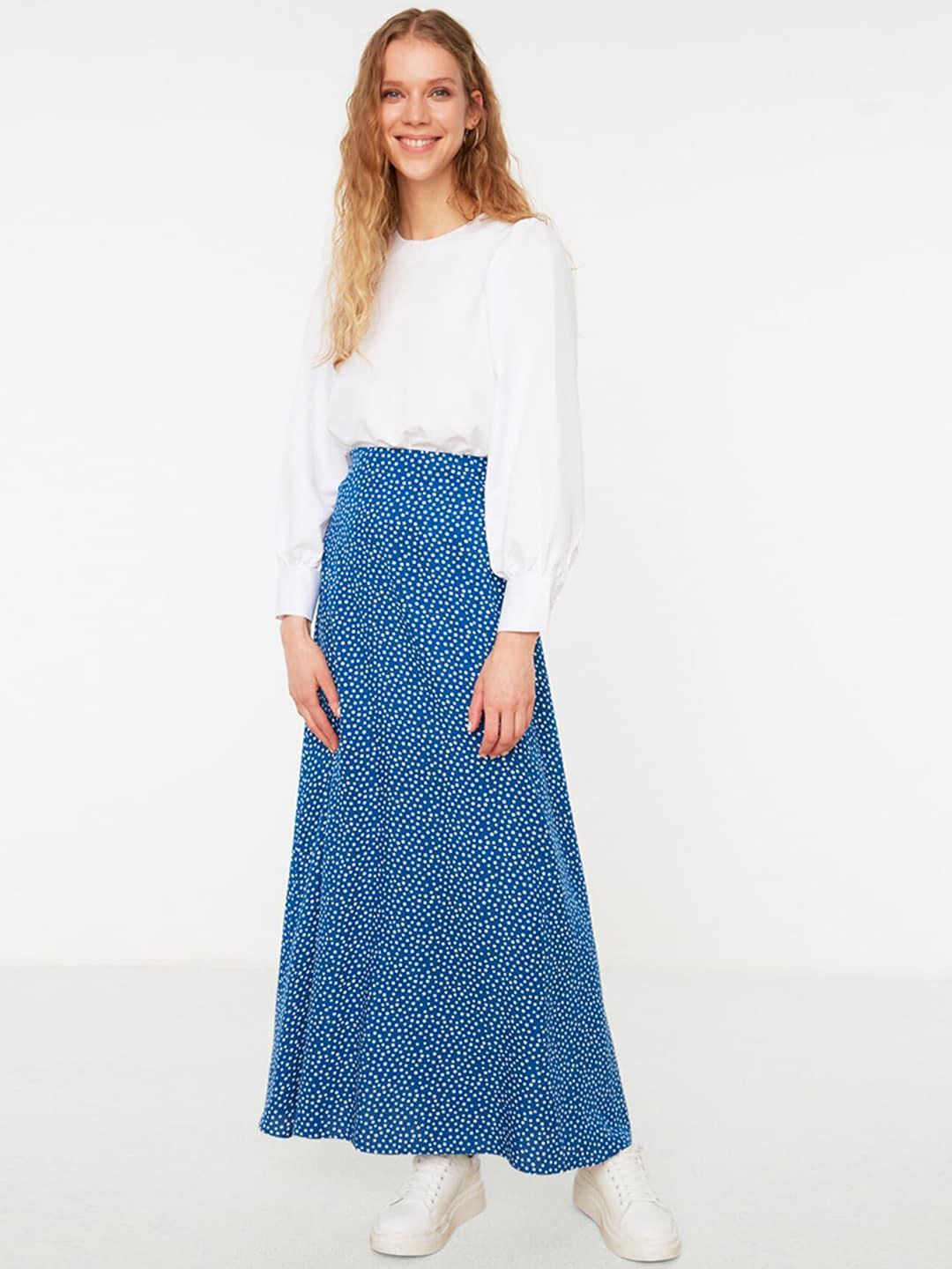 trendyol women indigo blue printed maxi flared skirts