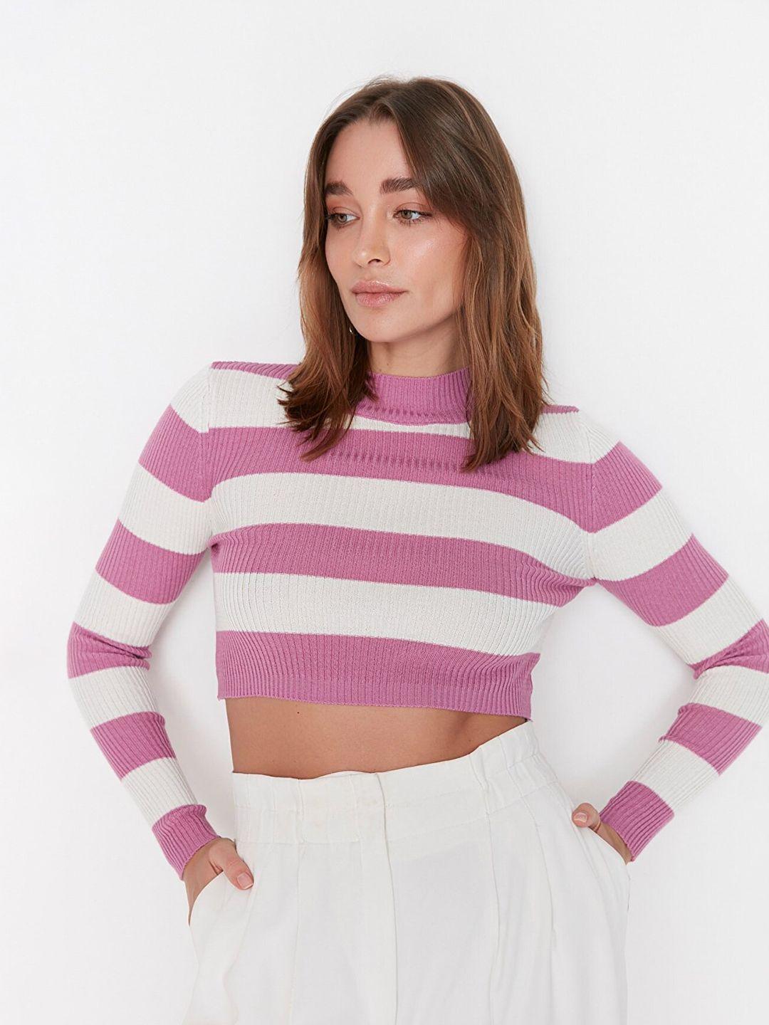 trendyol women lavender & off white striped crop pullover