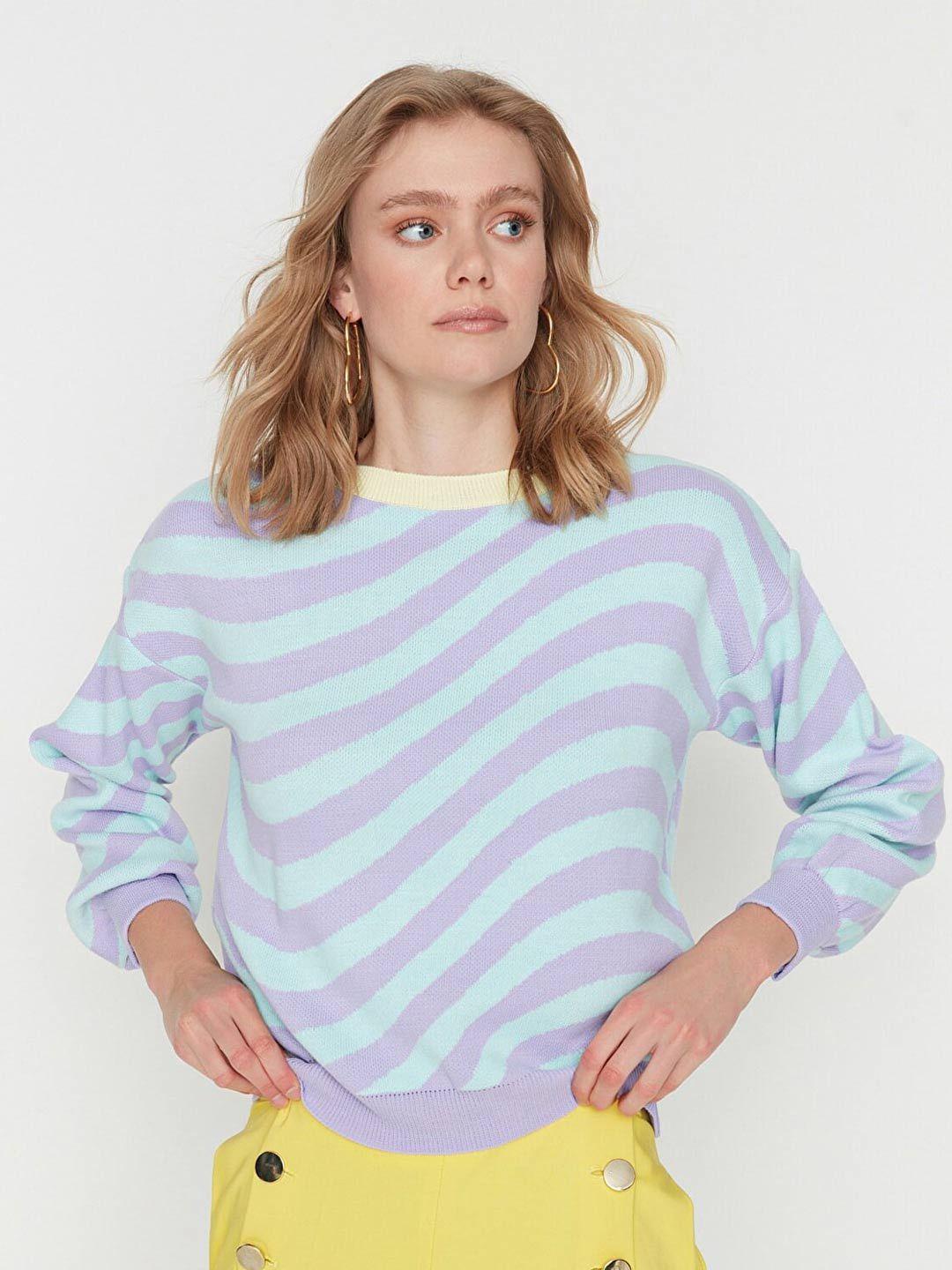 trendyol women lavender & turquoise blue striped printed pullover