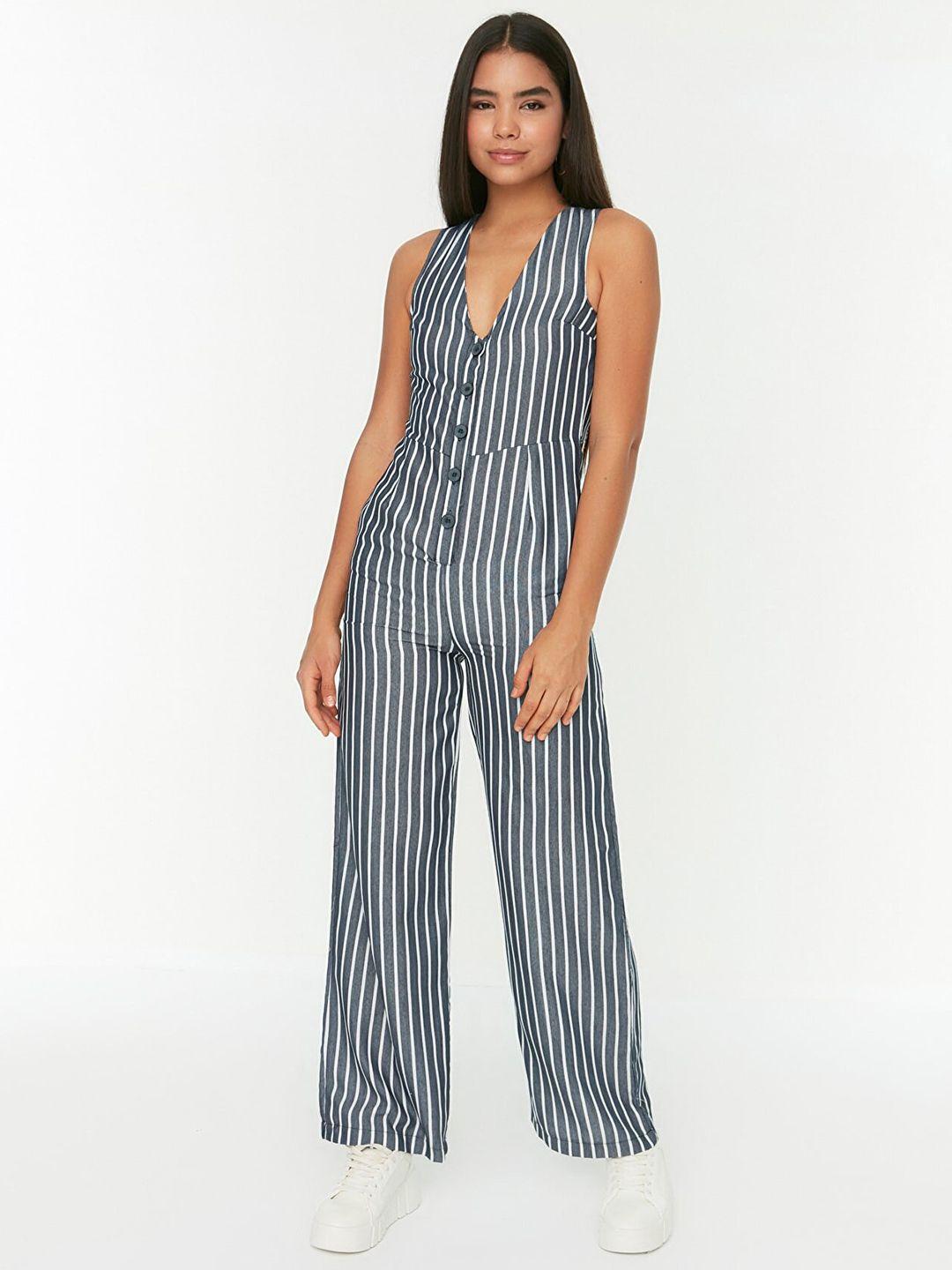 trendyol women navy blue & white striped basic jumpsuit