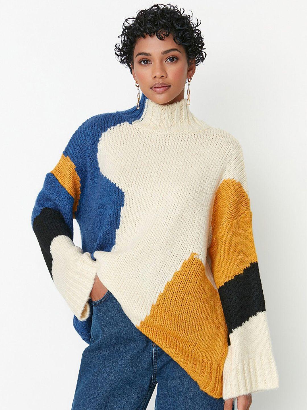 trendyol women off white and mustard colourblocked longline pullover