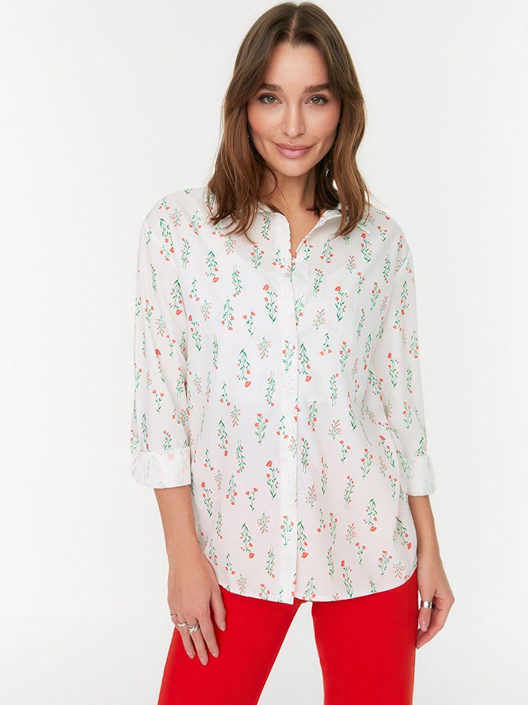 trendyol women off white floral printed casual shirt