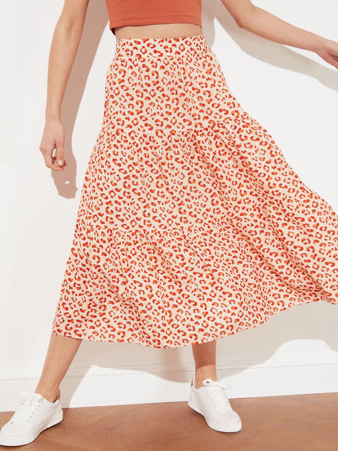 trendyol women off-white  orange leopard print tiered midi a-line skirt