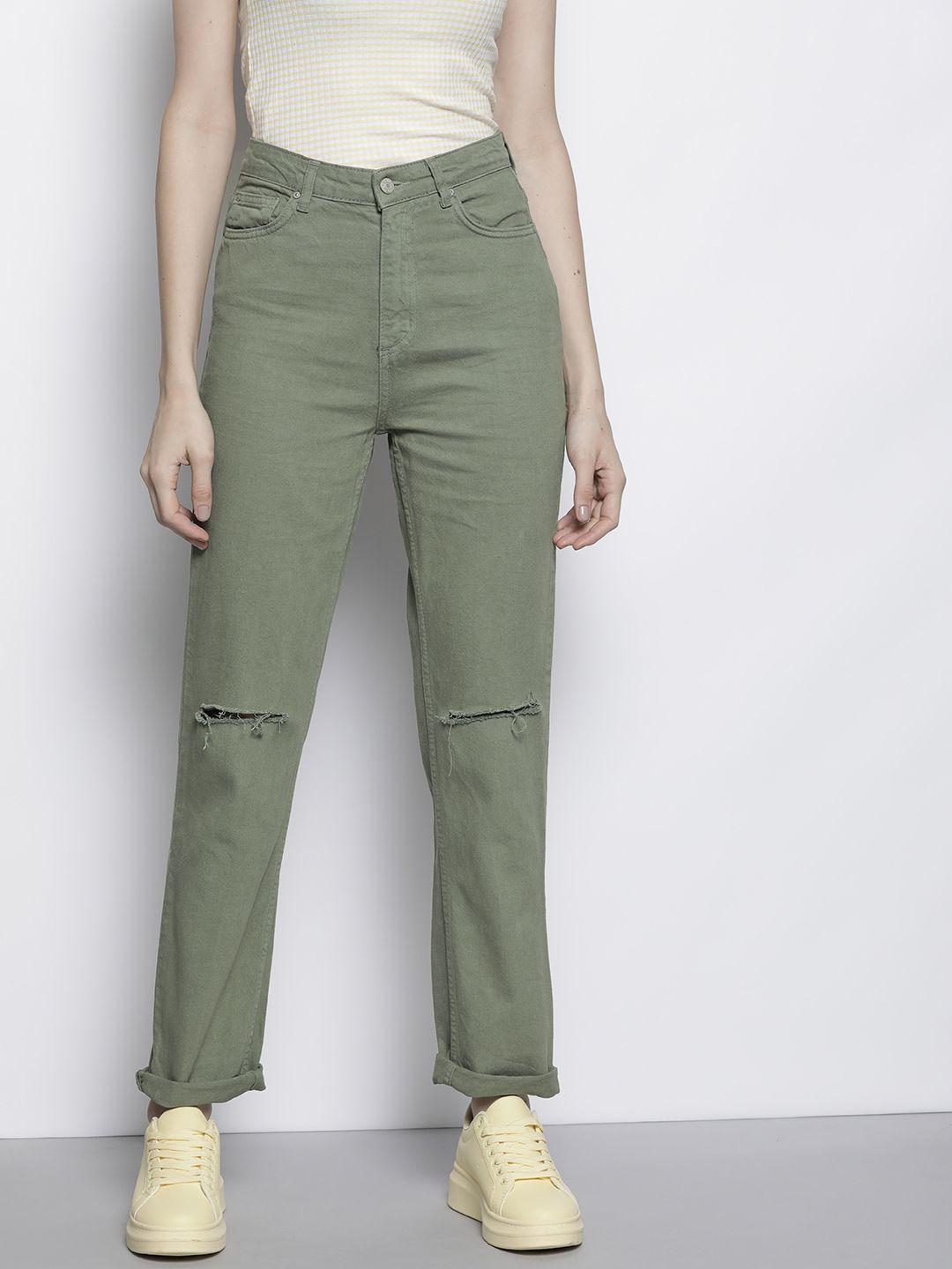 trendyol women olive green bootcut high-rise slash knee pure cotton jeans