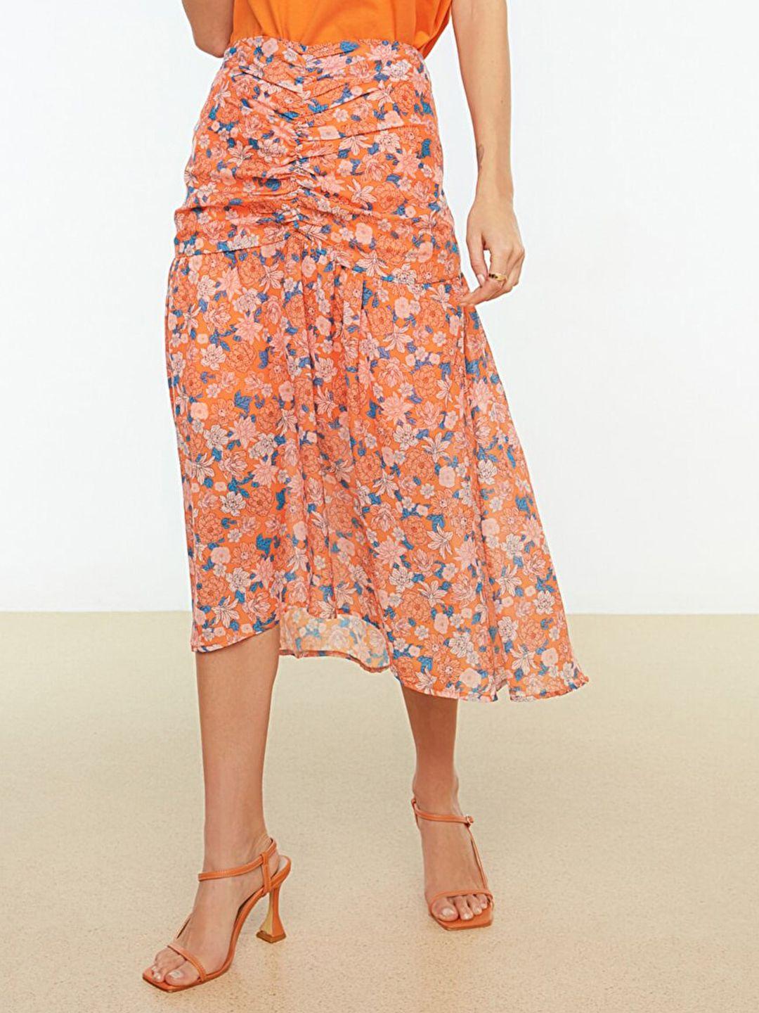 trendyol women orange & blue floral print ruched midi a-line skirt