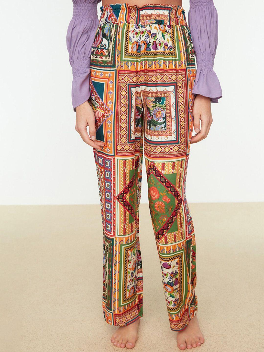 trendyol women orange ethnic motifs printed trousers