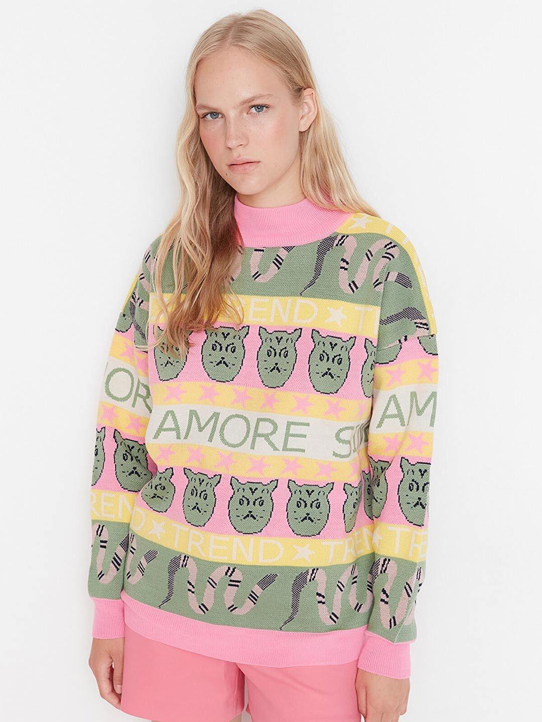 trendyol women pink & green printed acrylic pullover