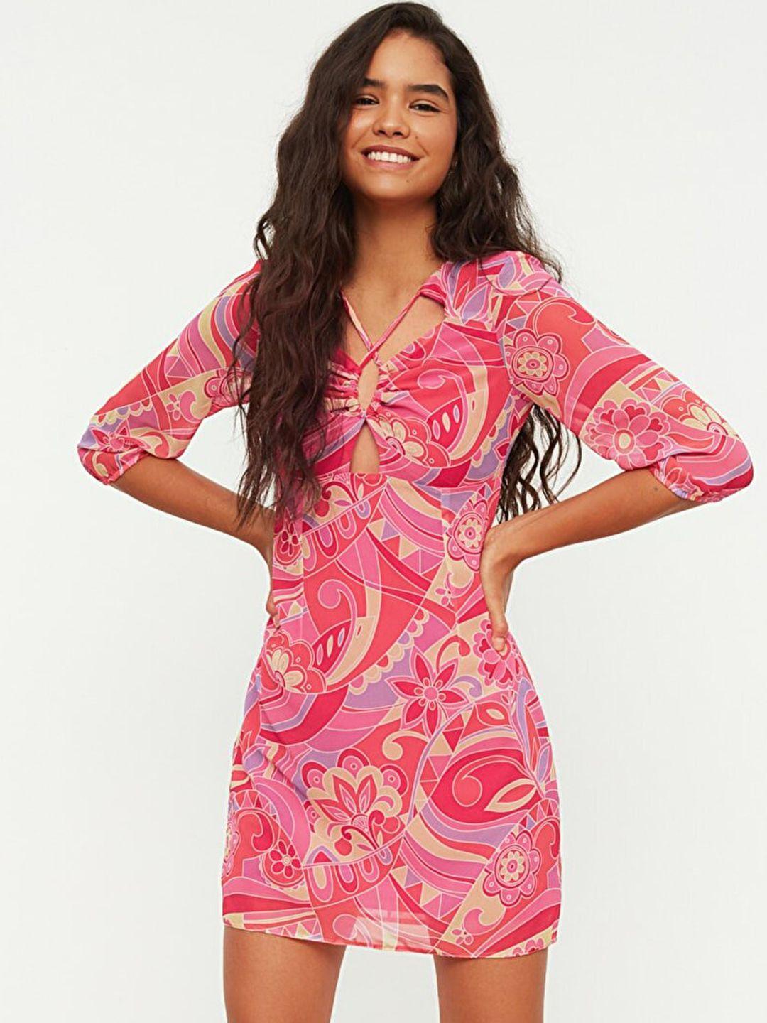 trendyol women pink & purple abstract printed cut-out detail a-line dress