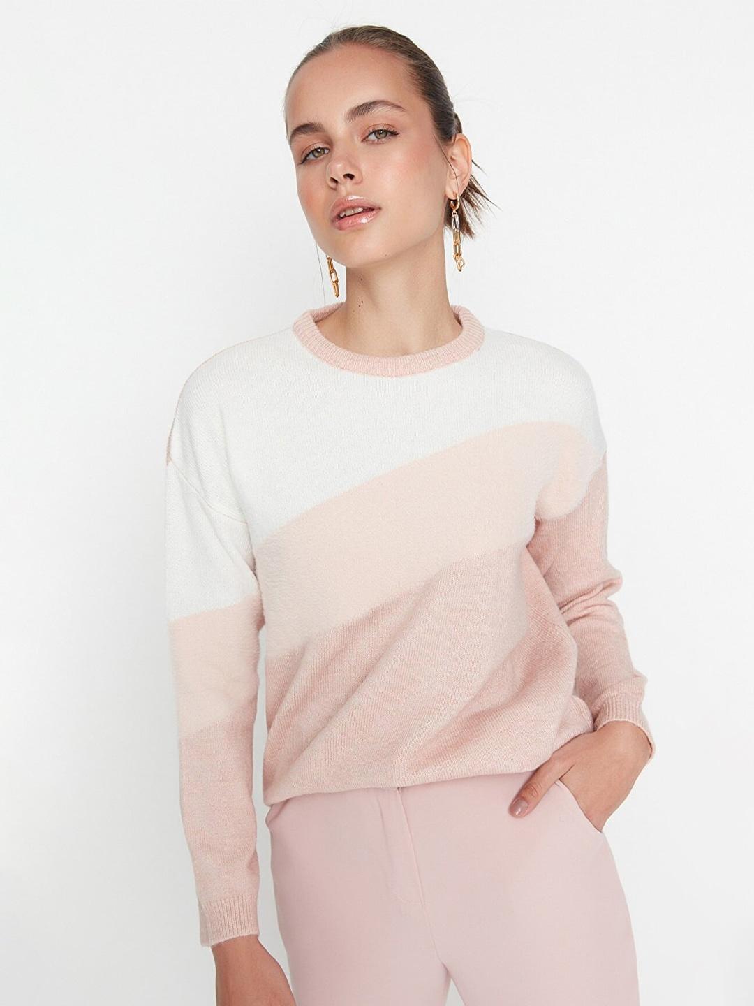 trendyol women pink & white colourblocked pullover