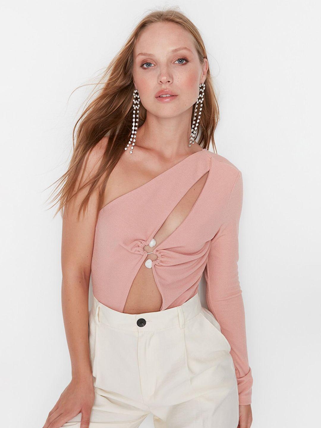 trendyol women pink solid polyester one shoulder top