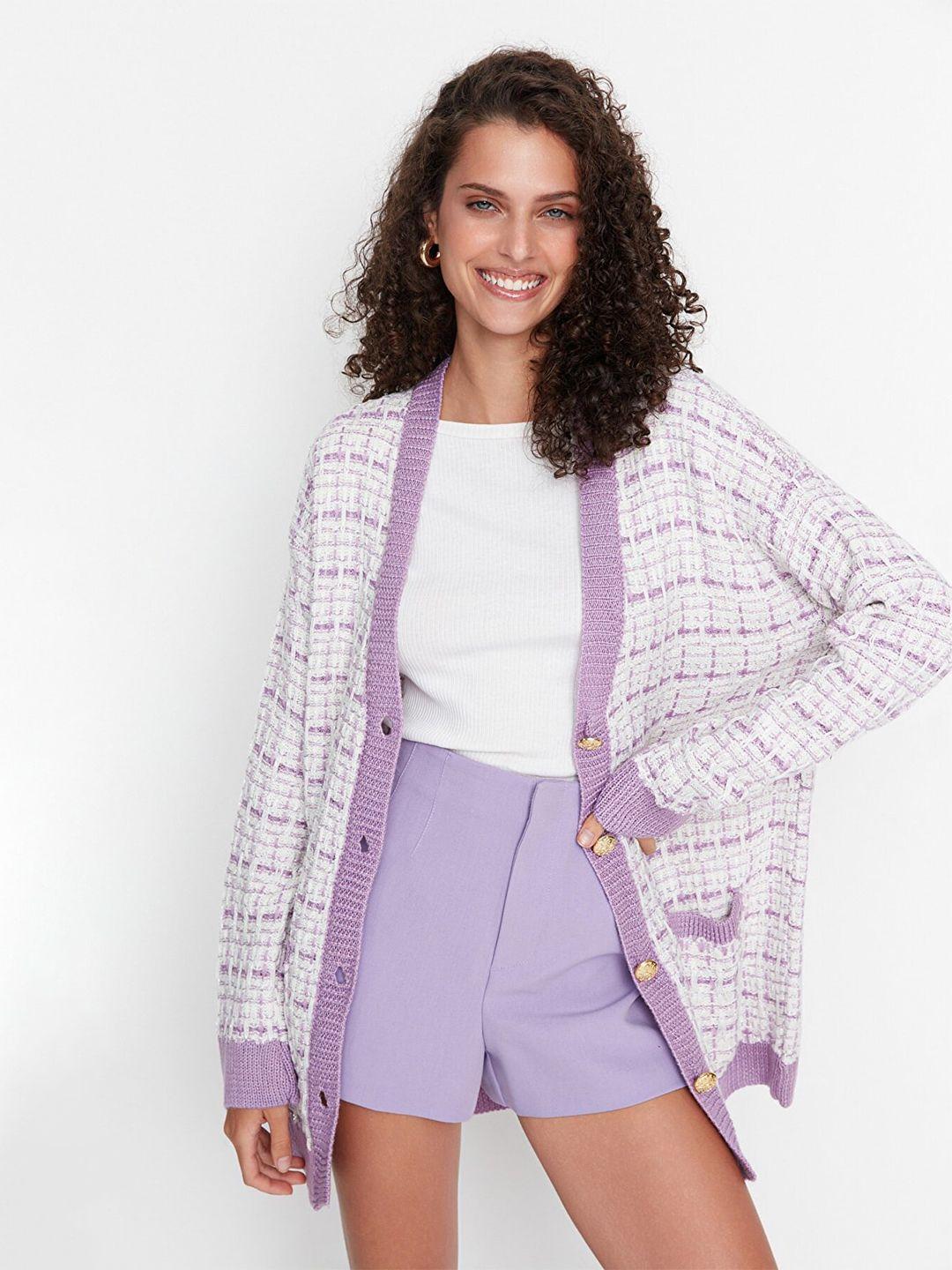 trendyol women violet & white checked longline cardigan