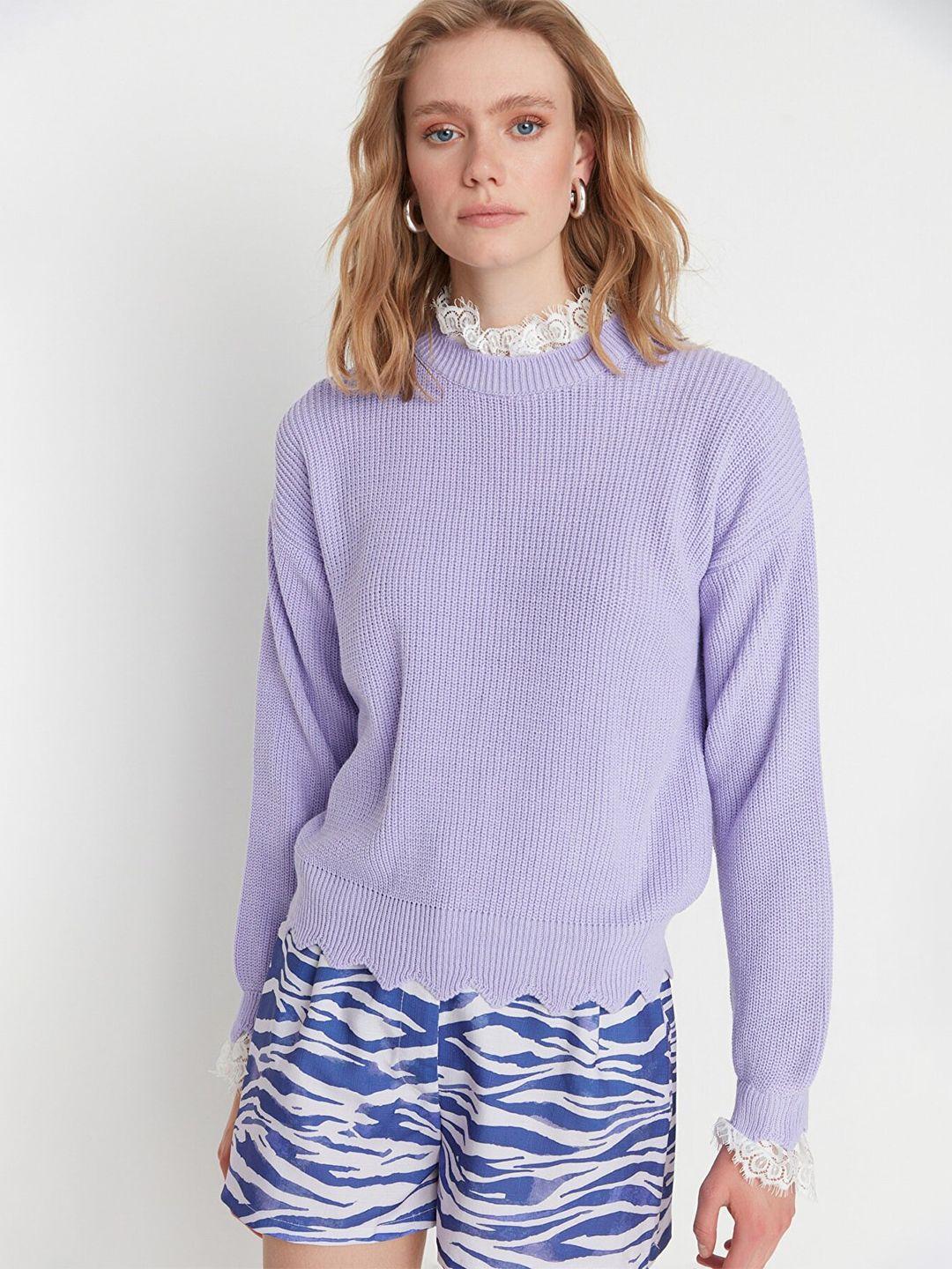 trendyol women violet lace-insert acrylic pullover