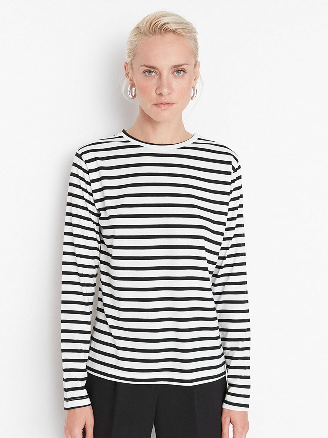 trendyol women white & black striped polyester t-shirt