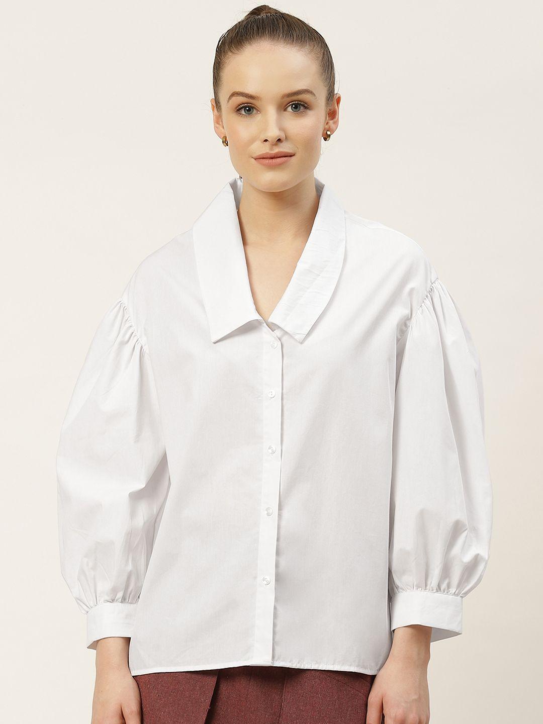 trendyol women white cotton regular fit solid drop bishop sleeves casual shirt
