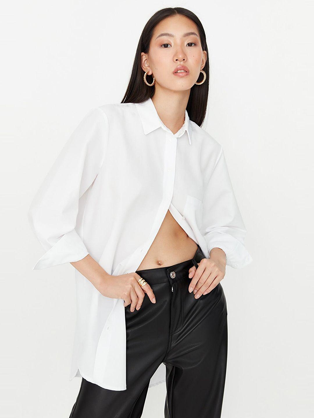 trendyol women white solid long sleeves regular fit casual shirt