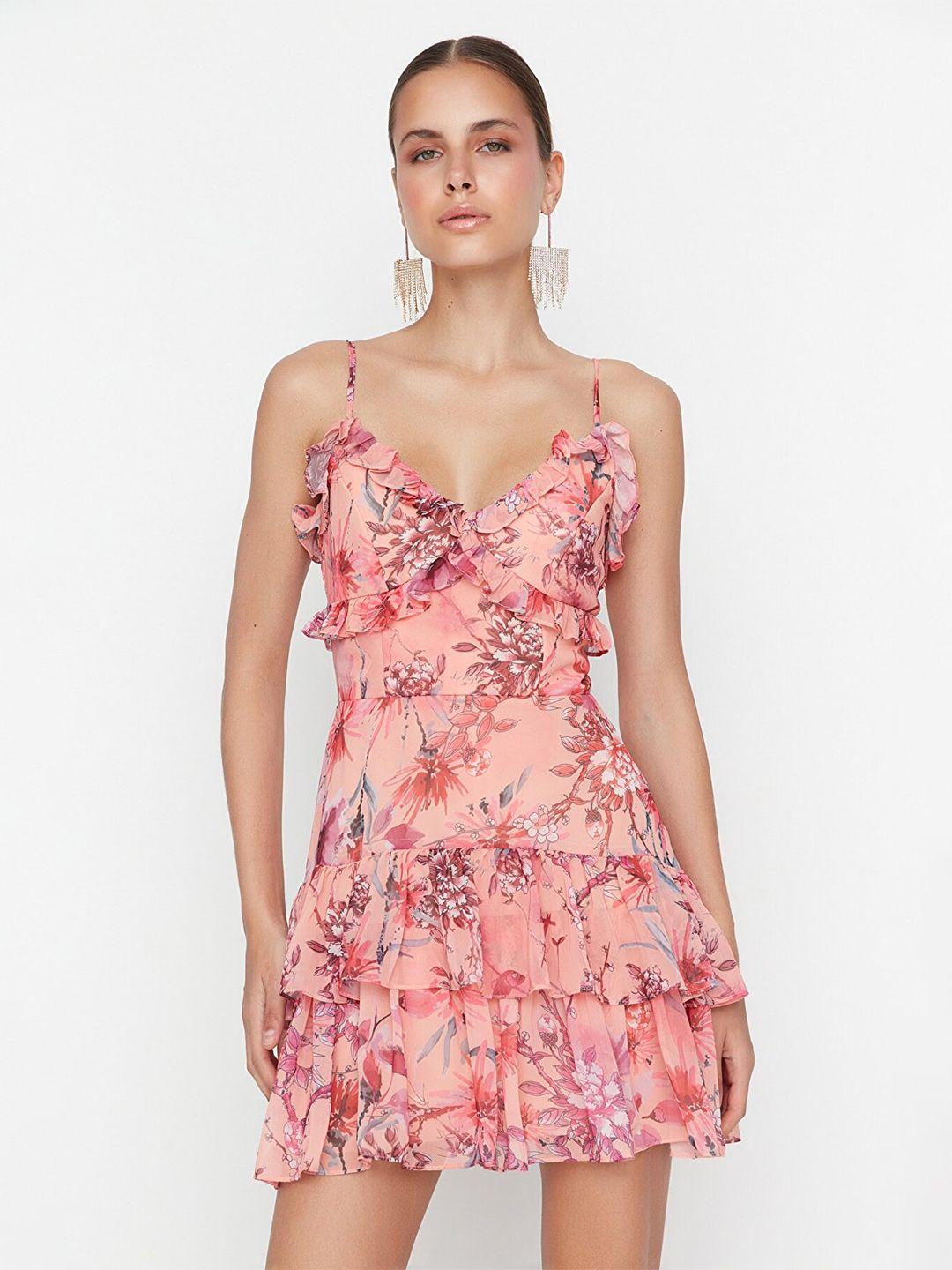 trendyol  floral printed shoulder strap a-line mini dress