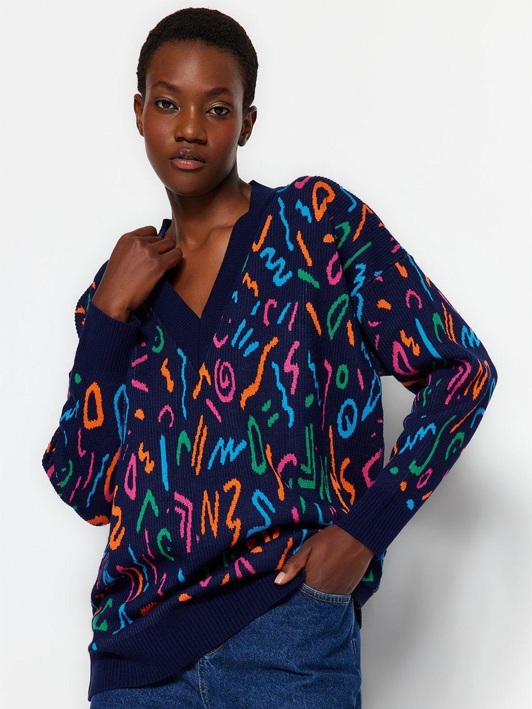 trendyol abstract printed v-neck pullover