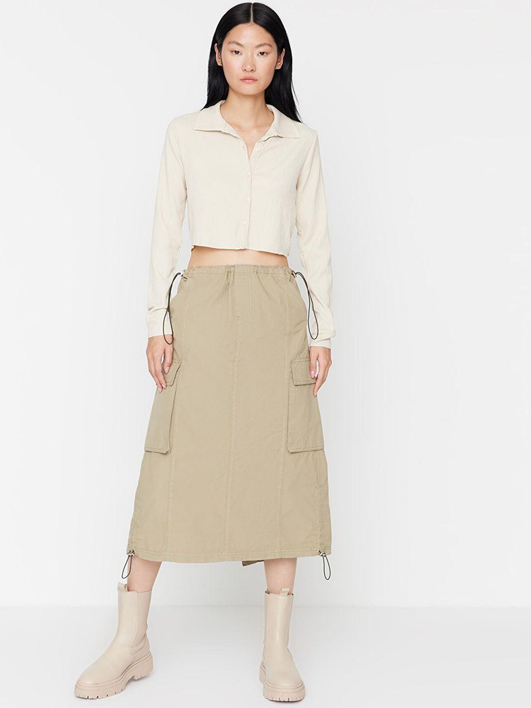 trendyol ak haki midi a-line pure cotton skirts