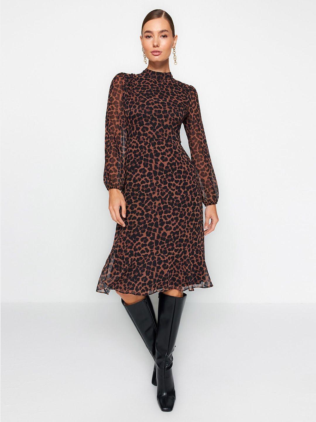 trendyol animal printed puff sleeve fit & flare dress