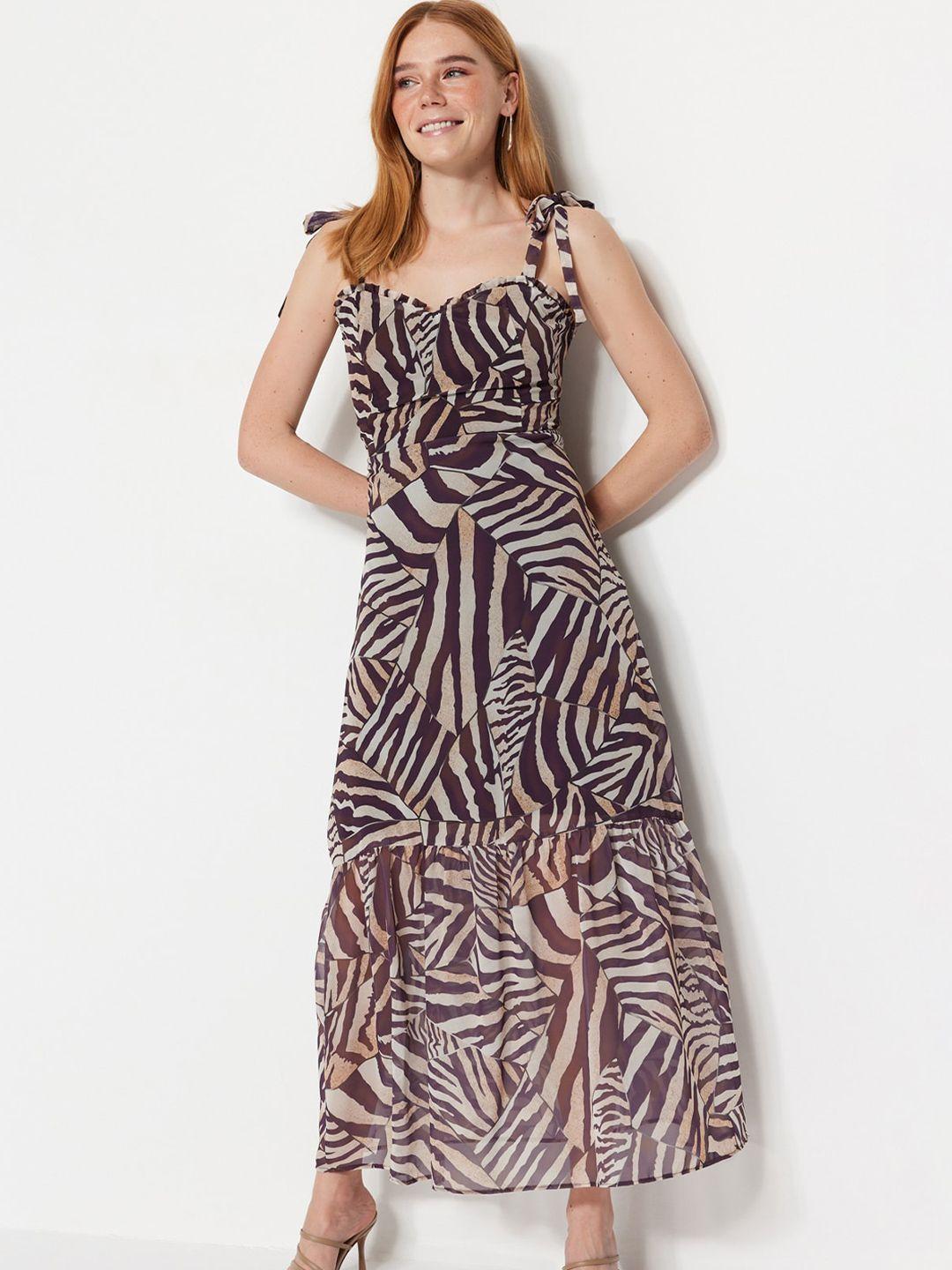 trendyol animal printed tie-up detail tiered semi sheer maxi a-line dress